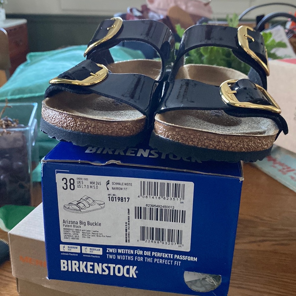 New Birkenstock black patent leather sandals